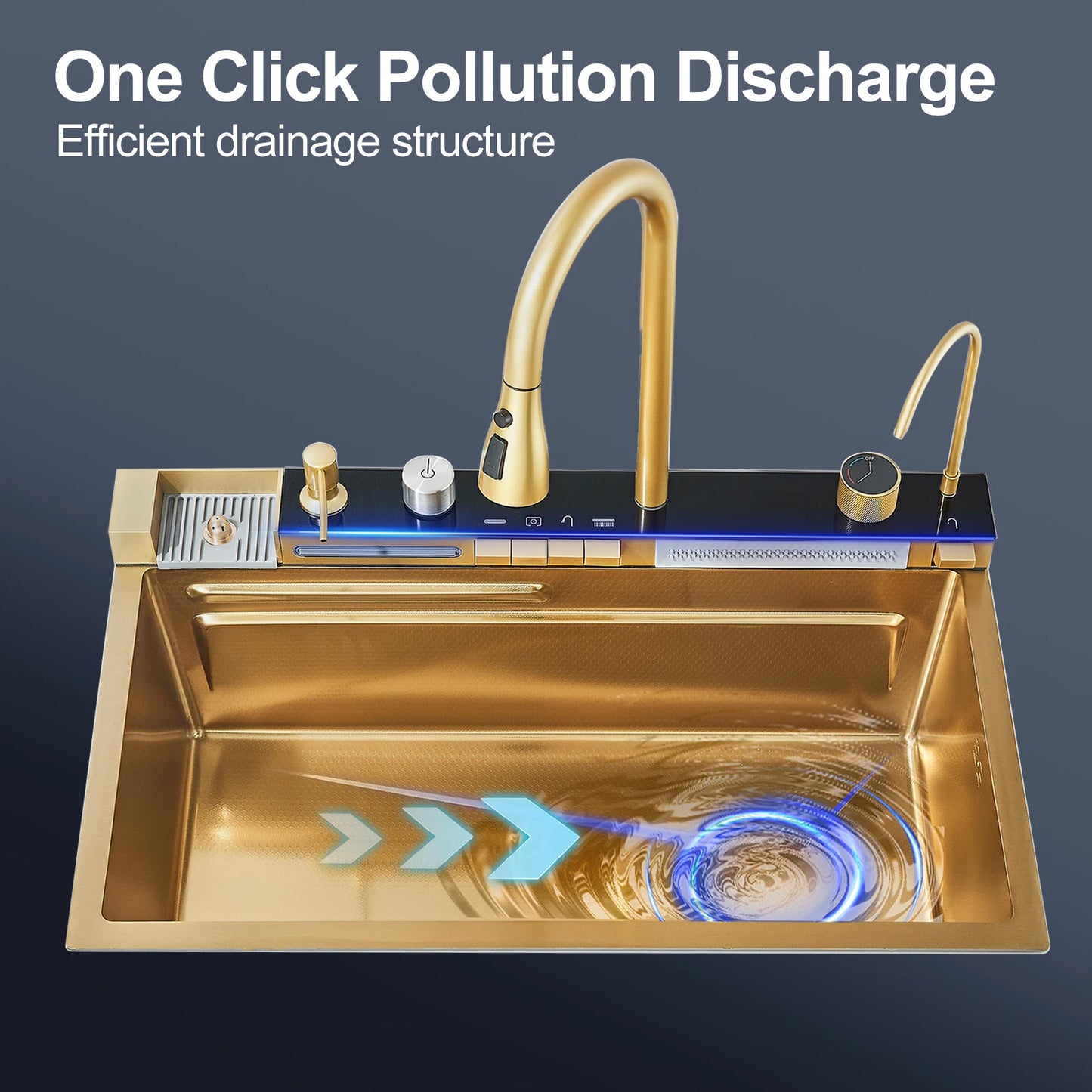 Stainless Steel Waterfall Kitchen Sink Faucet Set With Digital Display