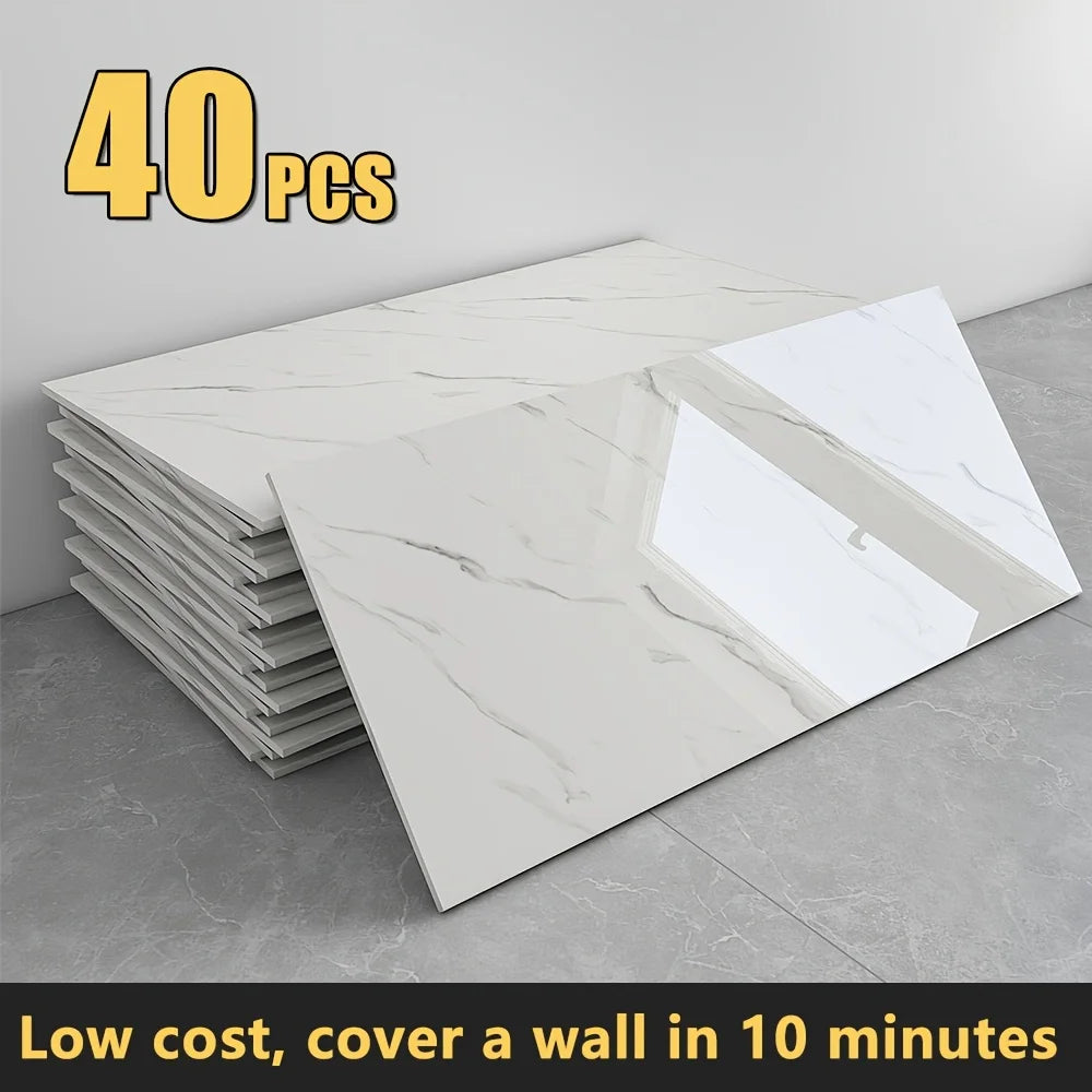 20/40pcs Glossy Marble Pattern Wall Panels Wall Sticker Set, Self-Adhesive Detachable PVC Wall Panels Wall Decals, Waterproof P