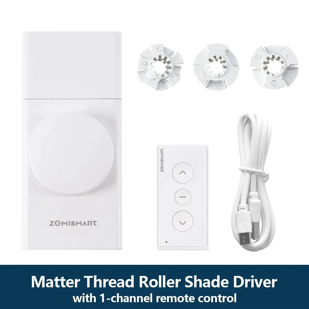 Zemismart Matter Thread Smart Roller Shade Driver Rechargeable Motor Knob Control Work with Homekit Google Home Smartthings App
