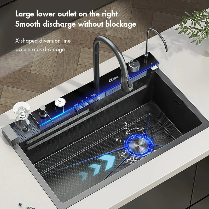 MYQualife Stainless Steel Waterfall Kitchen Sink With Digital Display Faucet