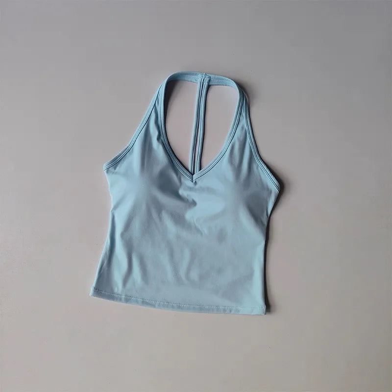 Women's Sexy V-Neck Fitness Bra Nude Sports Bra Hanging Neck Yoga Suit Vest Comfortable Breathable Gym Top for Active Wear
