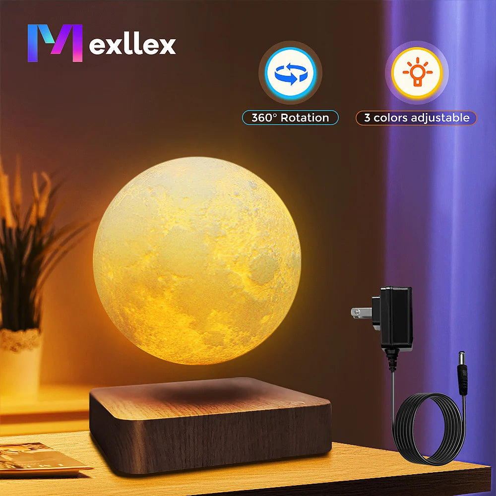 Mexllex Magnetic Floating Moon Lamp, Wooden Base, 3 Color LED
