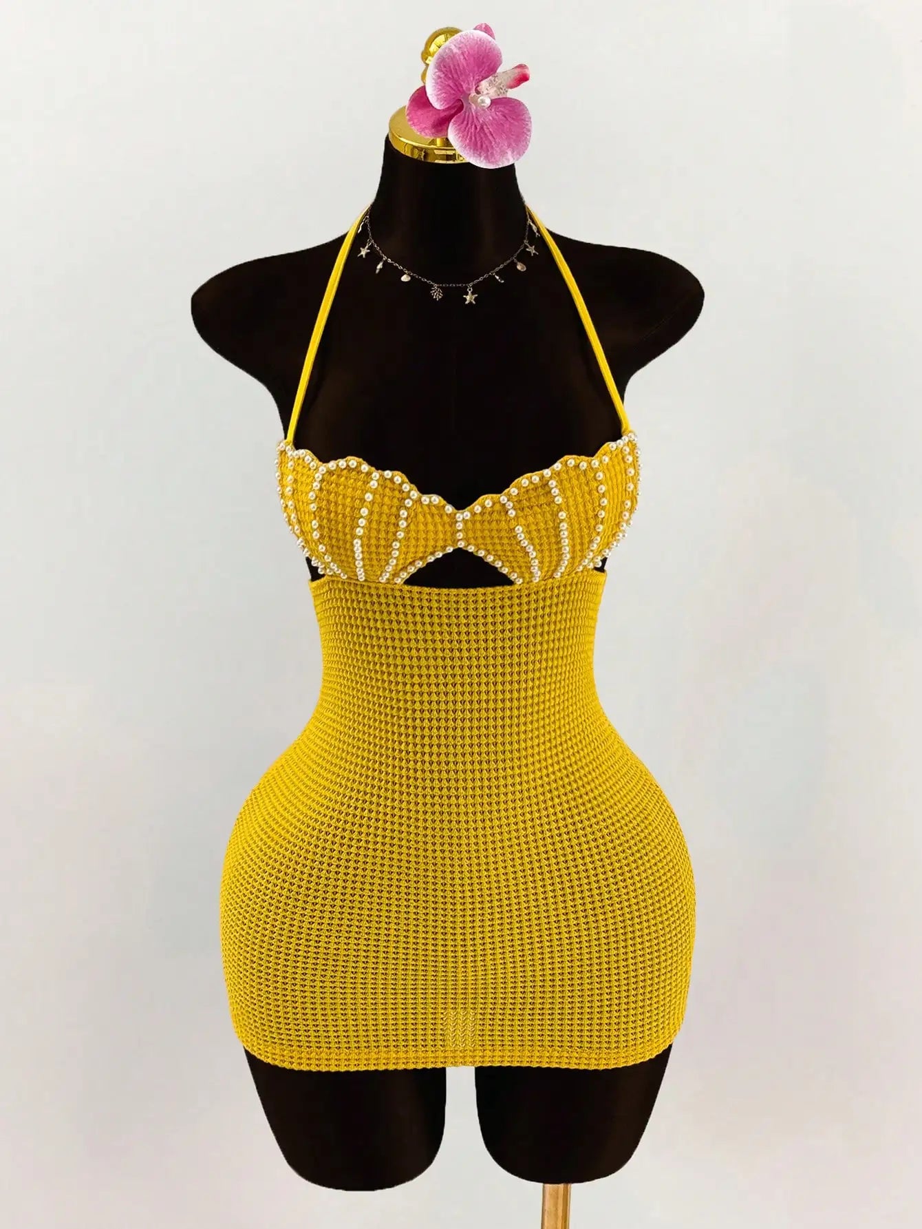 Pearl Shell Halter Backless Mini Bodycon Dress Crochet Bikini