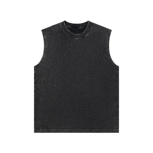 230g Pure Cotton European and American High Street Retro Washed Distressed Sleeveless Vest Men's Casual Loose Shoulder T-shirt