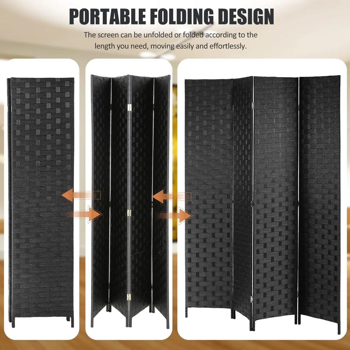 Room Divider,4 Panels 6FT Folding Privacy Screen Room Divider Wall Wood Mesh Hand-Woven Design Freestanding, Customized