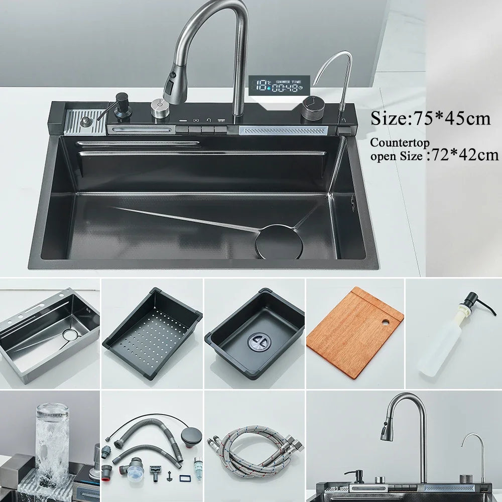 Stainless Steel Waterfall Kitchen Sink Faucet Set With Digital Display
