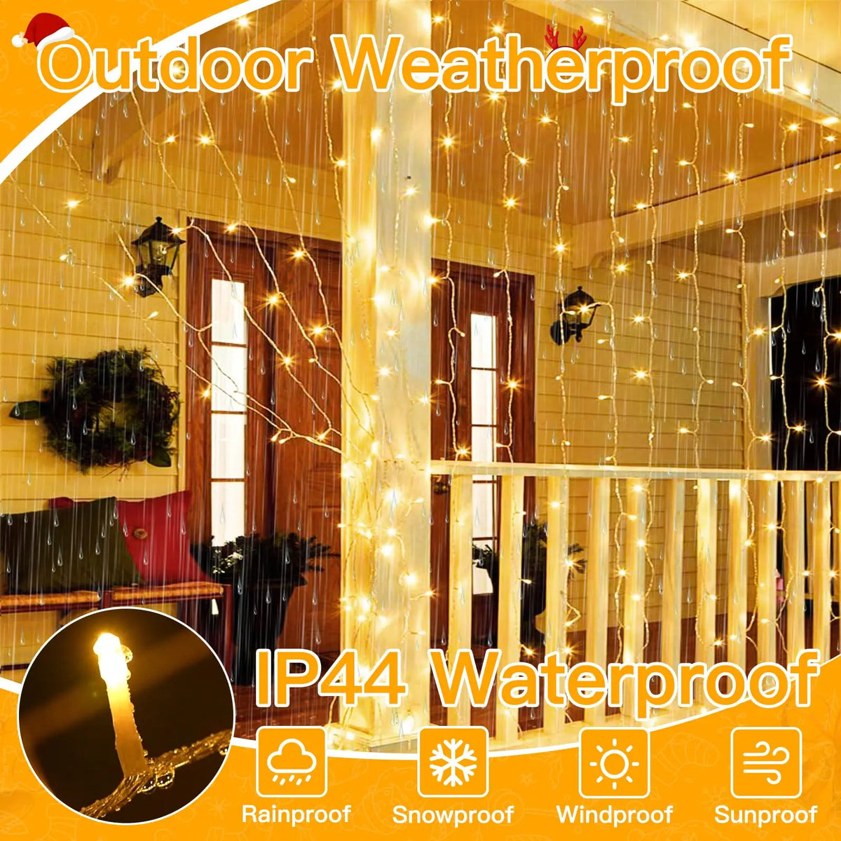 Waterproof Curtain LED String Lights Remote Timer With Eight Modes