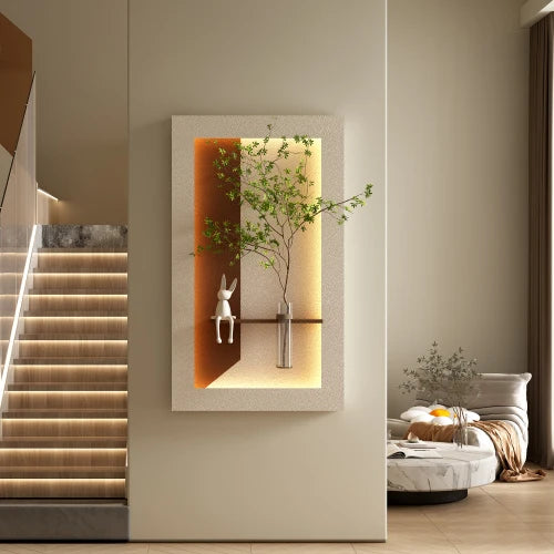 3D Art Sandstone Wall Decor with 3-Color Dimmable LED Light Artificial Green Plants Glass Vase Rabbit Statue Living Room Hallway