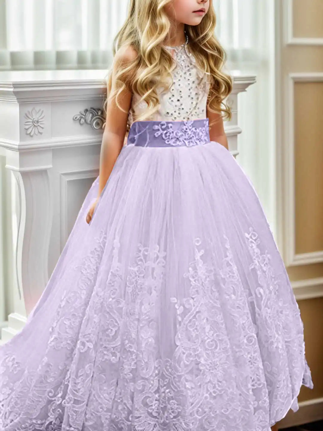 Girls' Lilac Autumn and Winter Princess Dress Children's Tulle Ball Gown Christmas Holiday Dress