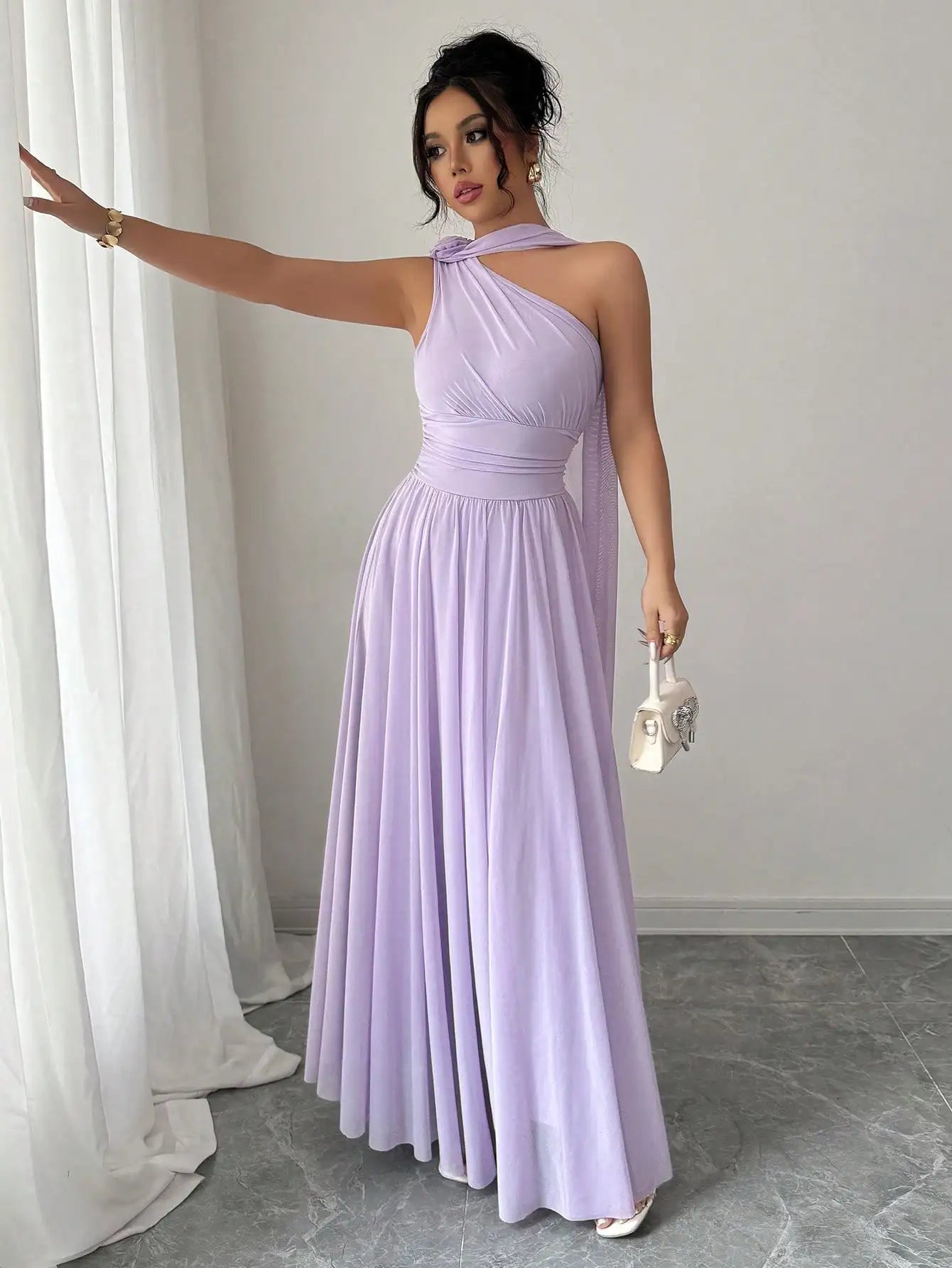 One Shoulder Maxi Dress With Draped Neck And Pleated Skirt
