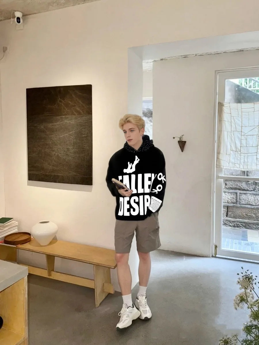 Men's Applique Embroidered Letter Hooded Sweatshirt Fallen Desire High Street Daily Hoodie