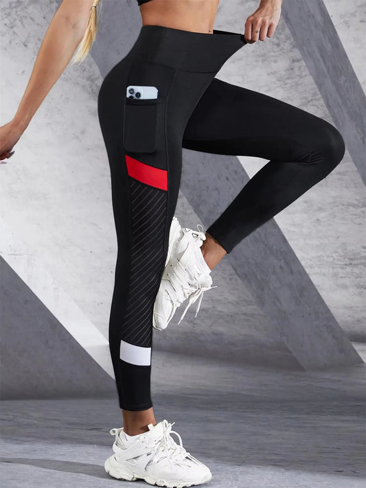 Colorblocked Mesh High Waist Yoga Pants with Side Pockets Leggings for Women Tummy Control Workout Shaping Leggings