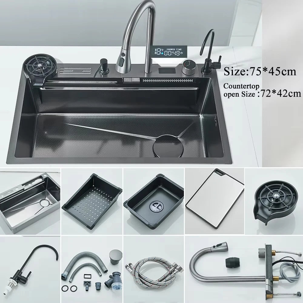 MYQualife Stainless Steel Waterfall Kitchen Sink With Digital Display Faucet