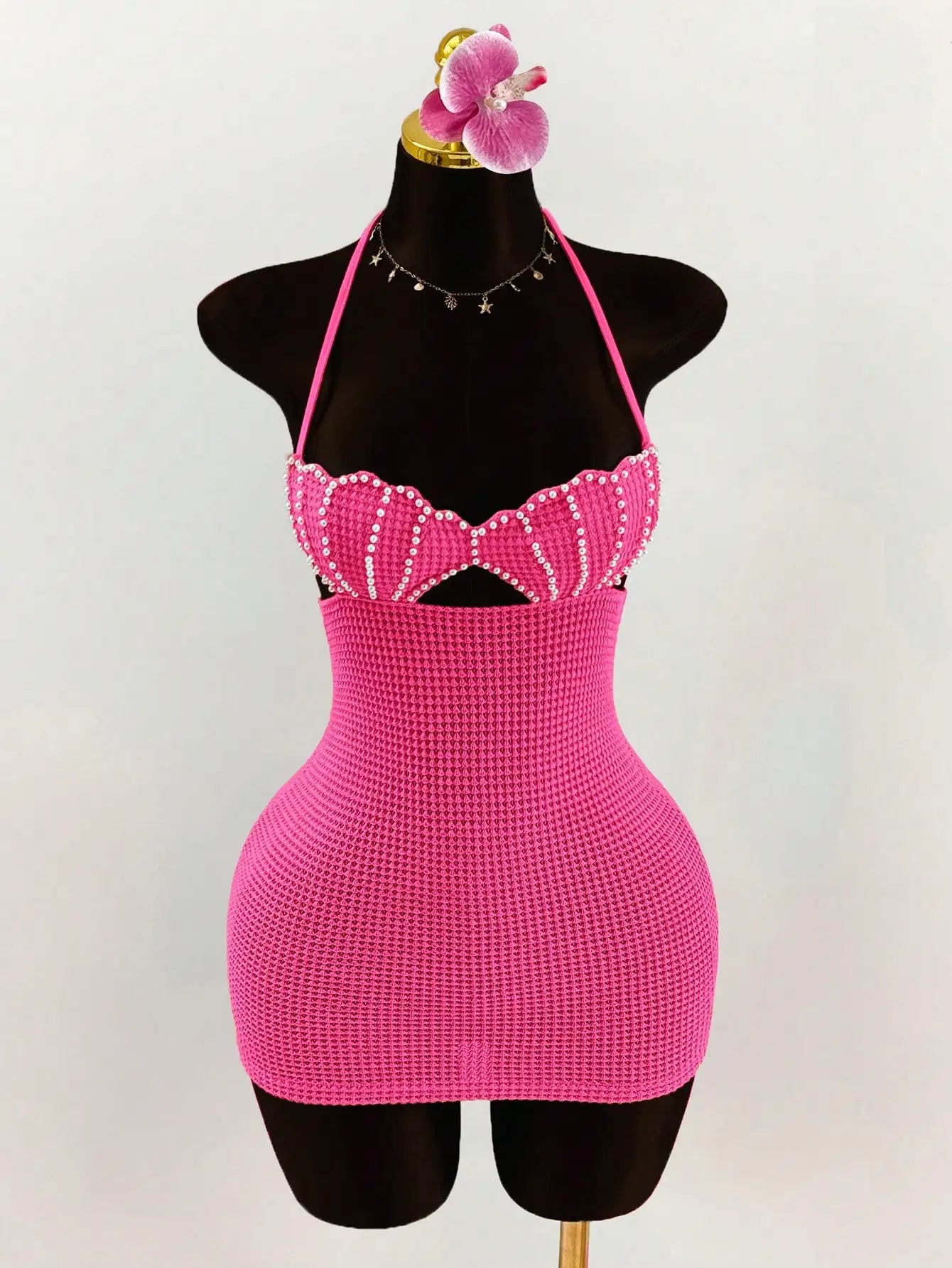 Pearl Shell Halter Backless Mini Bodycon Dress Crochet Bikini