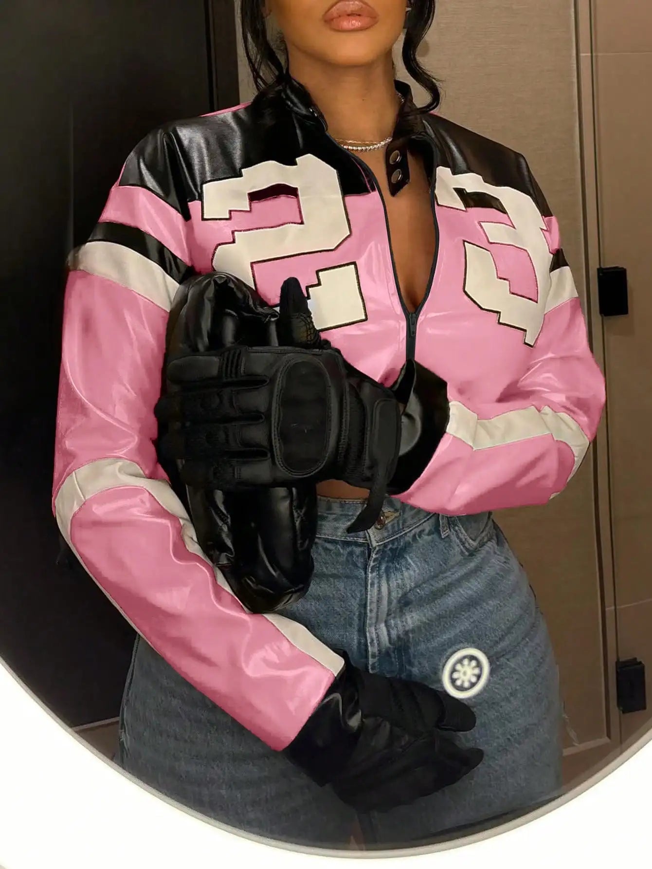 Women's Faux Leather Bomber Jacket Zipper Edgy Motorcycle Style