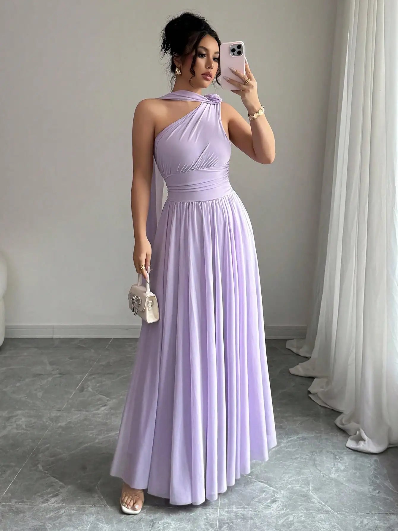 One Shoulder Maxi Dress With Draped Neck And Pleated Skirt
