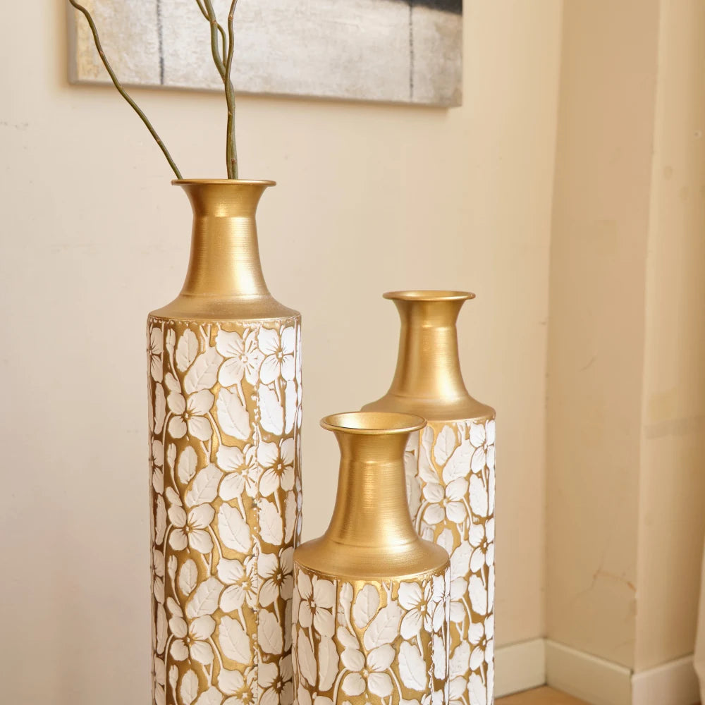 Modern Gold Leaf Pattern Metal Floor Vases Set of 3 Tall Decorative Vases 24/28/32.3 Inch Home Living Room Decor