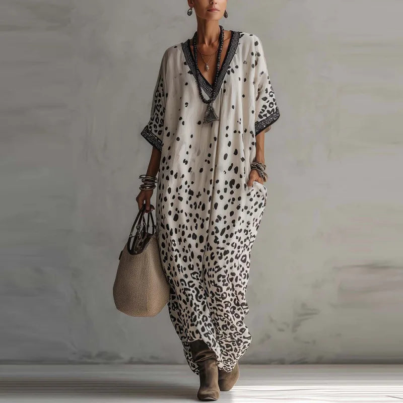 Women Digital Print Kaftan Maxi Dress V Neck Half Sleeve