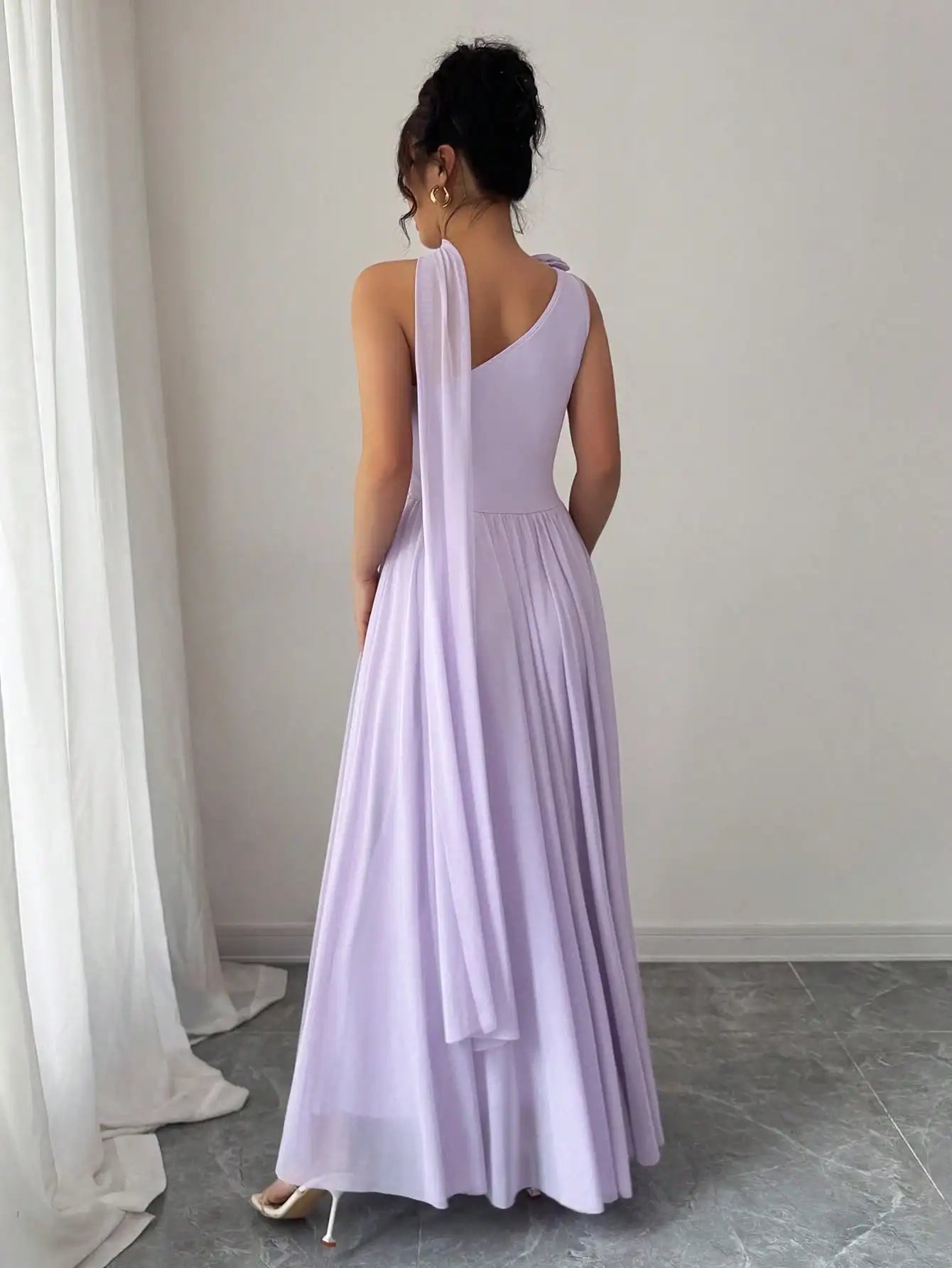 One Shoulder Maxi Dress With Draped Neck And Pleated Skirt