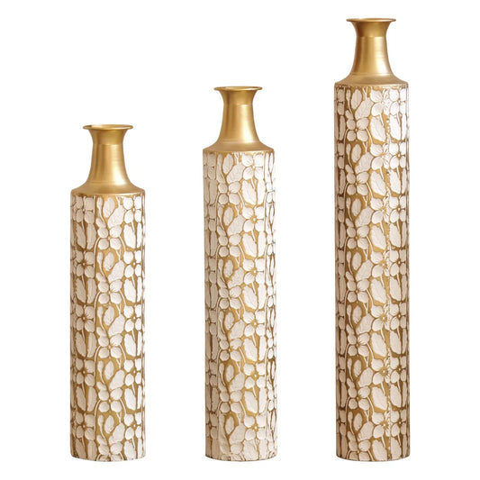 Modern Gold Leaf Pattern Metal Floor Vases Set of 3 Tall Decorative Vases 24/28/32.3 Inch Home Living Room Decor