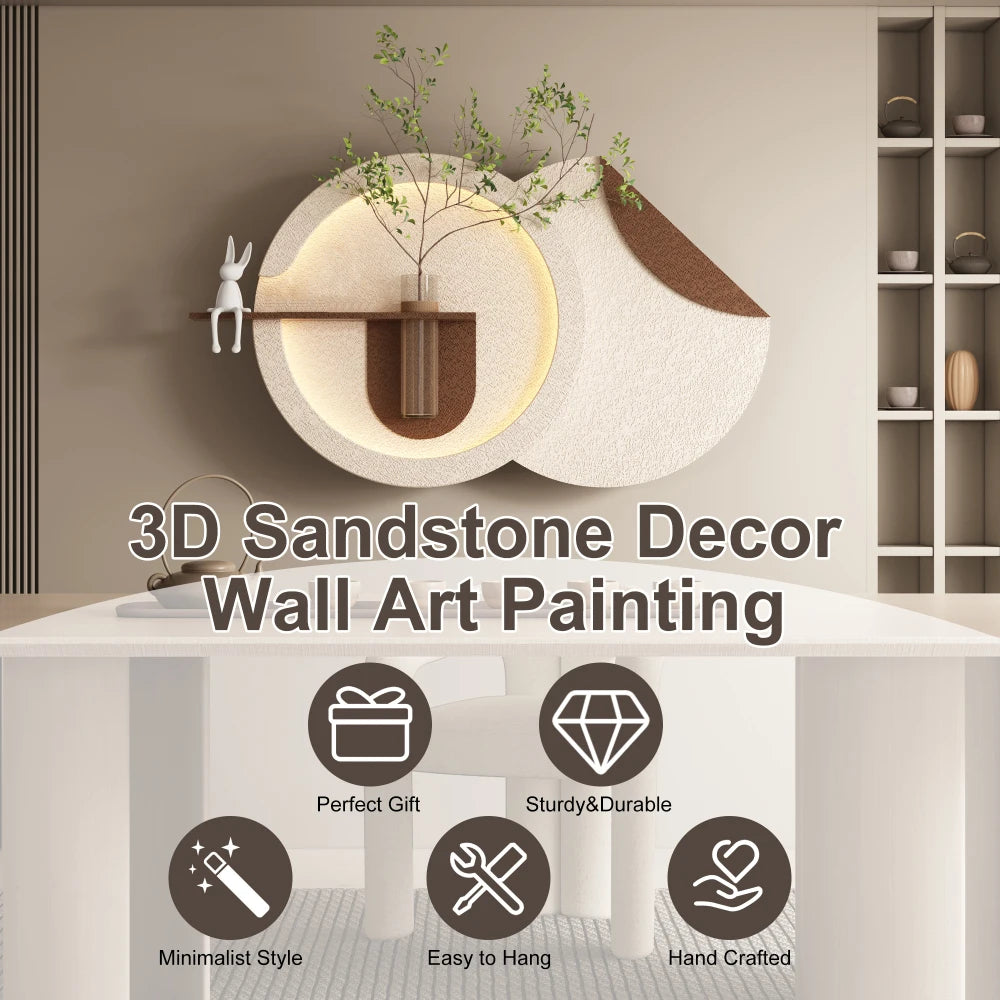 3D Art Sandstone Wall Decor with 3-Color Dimmable LED Light Artificial Green Plants Glass Vase Rabbit Statue Living Room Hallway
