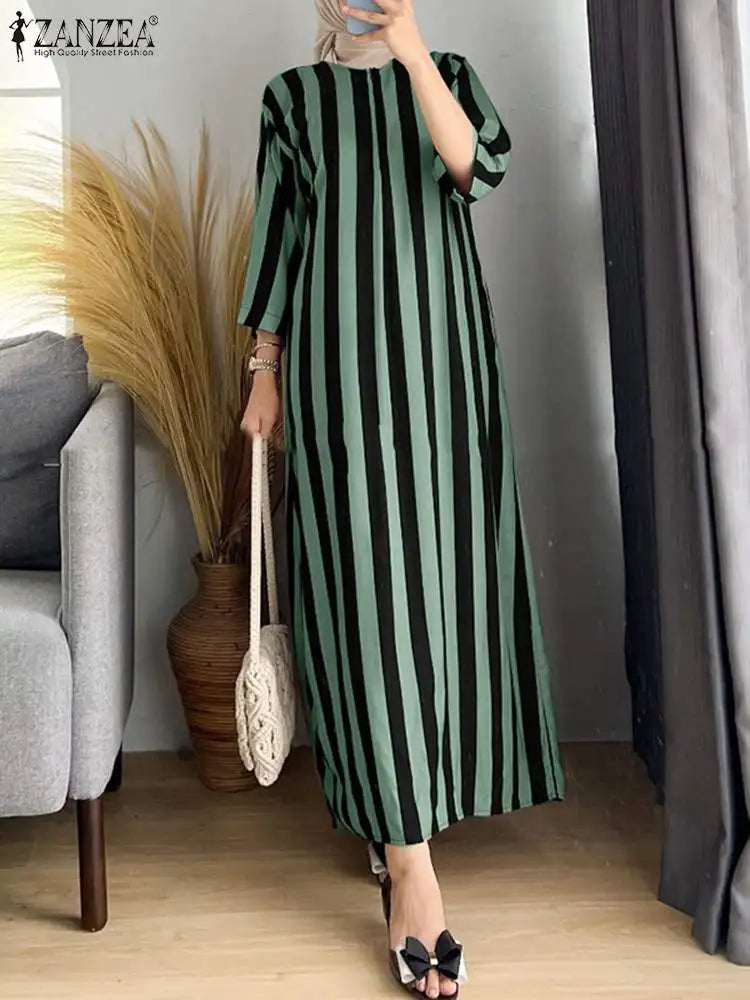 ZANZEA Women Muslim Abaya Dress Casual Modest Kaftan Robe