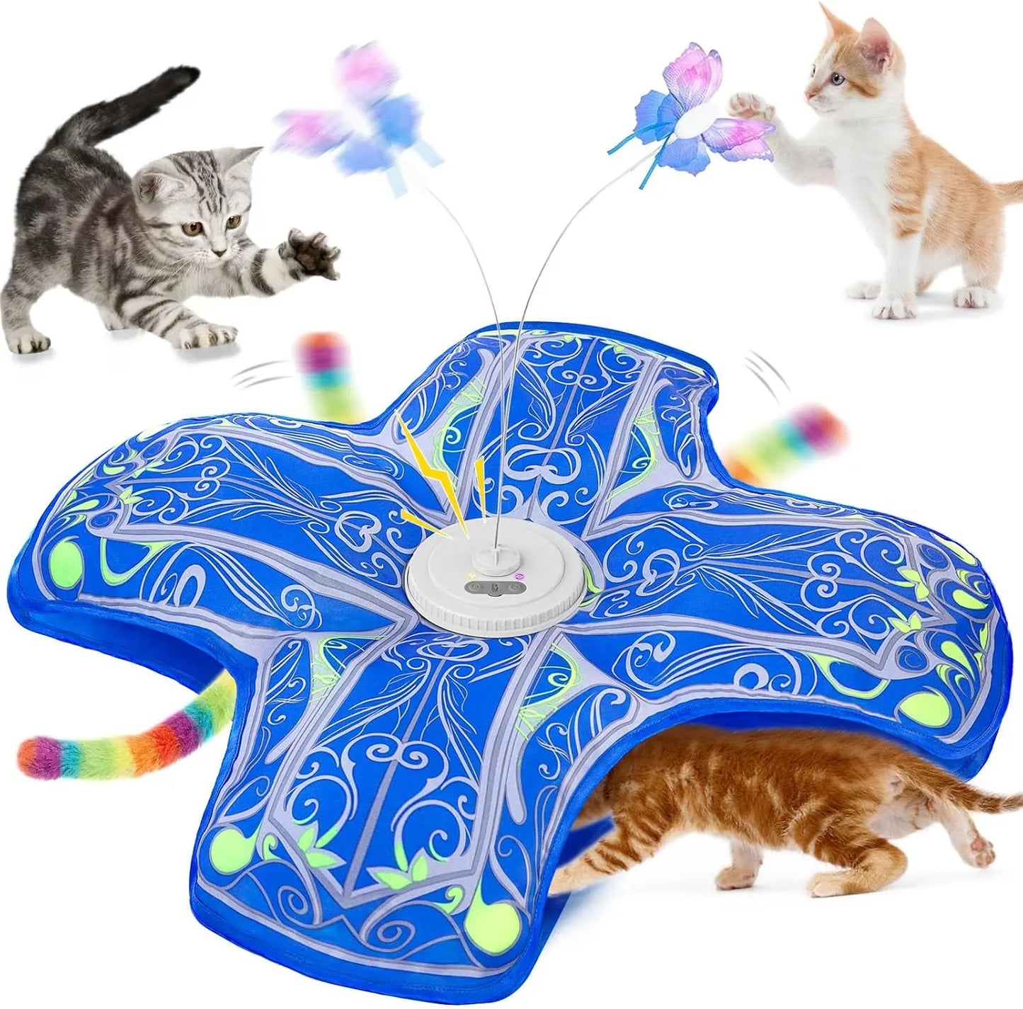 Interactive Cat Toys for Indoor Cats, Rechargeable Touch Activated Hide and Seek Kitten Toys with Fluttering (Blue)