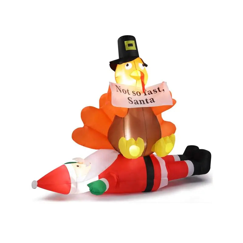 4.9 FT Lighted Inflatable Decoration, Turkey Sitting on Santa Claus, Funny Blow Up Yard Decor with Built-in LED Lights for