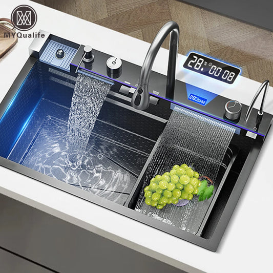 MYQualife Stainless Steel Waterfall Kitchen Sink With Digital Display Faucet