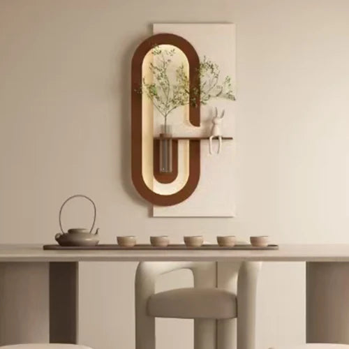 3D Art Sandstone Wall Decor with 3-Color Dimmable LED Light Artificial Green Plants Glass Vase Rabbit Statue Living Room Hallway
