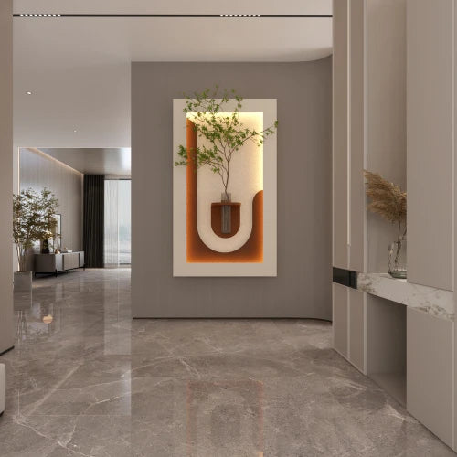 3D Art Sandstone Wall Decor with 3-Color Dimmable LED Light Artificial Green Plants Glass Vase Rabbit Statue Living Room Hallway