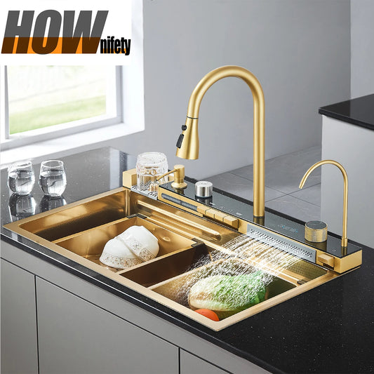 Stainless Steel Waterfall Kitchen Sink Faucet Set With Digital Display