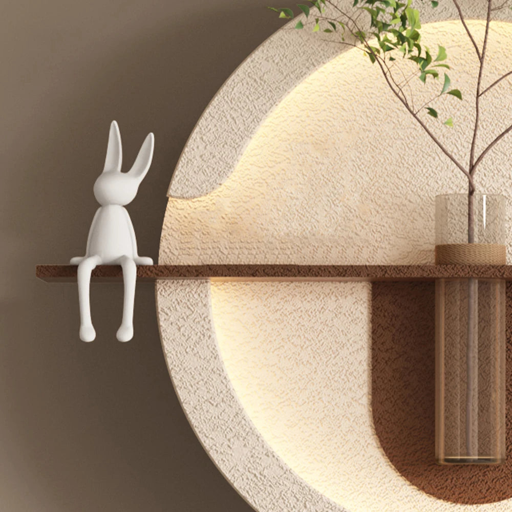 3D Art Sandstone Wall Decor with 3-Color Dimmable LED Light Artificial Green Plants Glass Vase Rabbit Statue Living Room Hallway