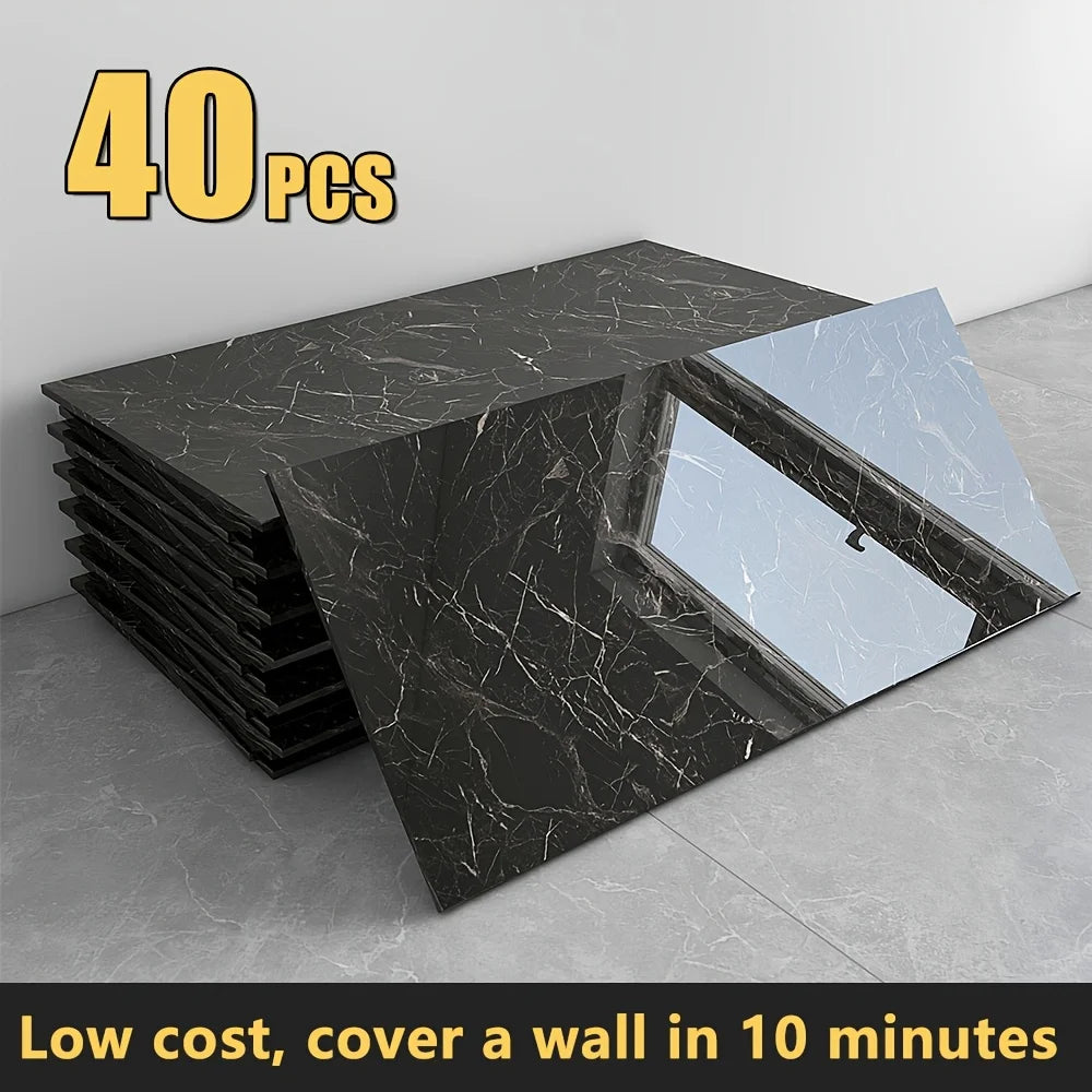 20/40pcs Glossy Marble Pattern Wall Panels Wall Sticker Set, Self-Adhesive Detachable PVC Wall Panels Wall Decals, Waterproof P