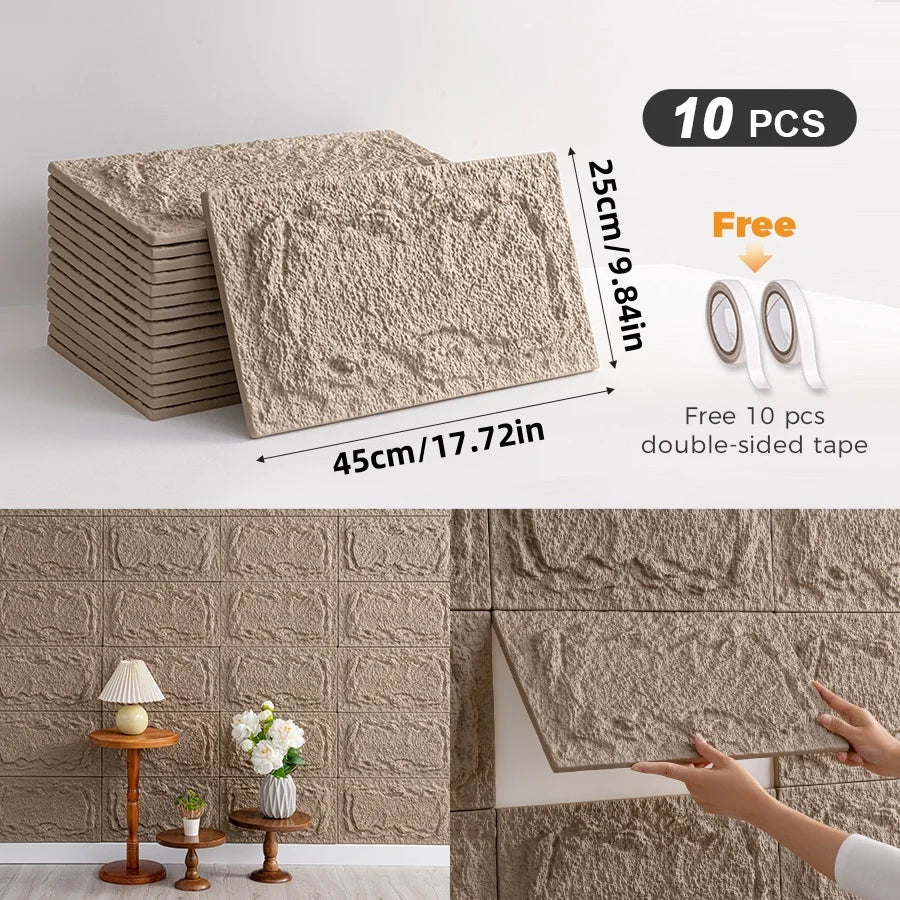 10pcs 3D Self-adhesive Stone Wall Panels 10mm thickness PU Wall Panels Wall Decor 9.84inx17.72in Suitable for indoor and outdoo