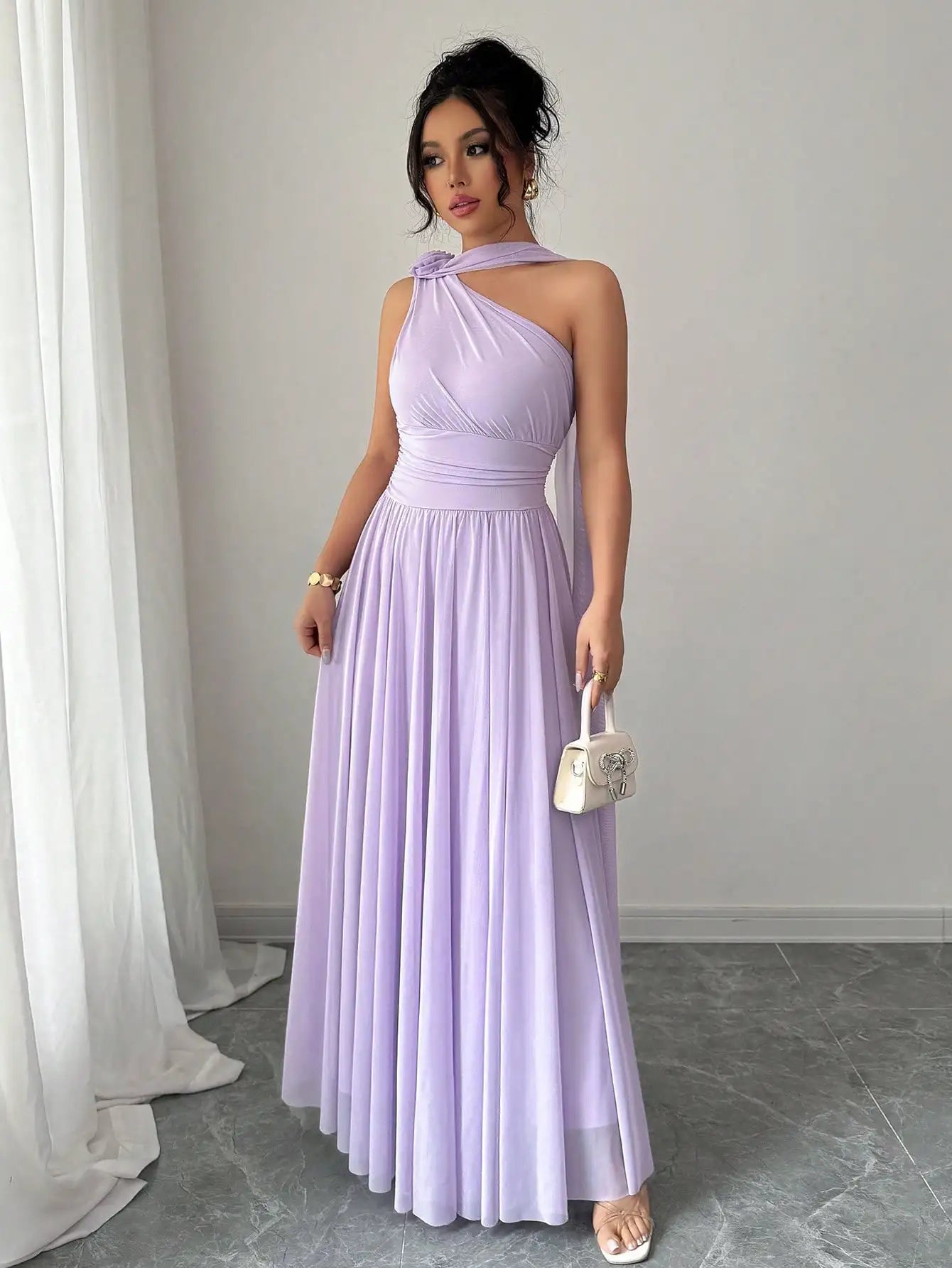 One Shoulder Maxi Dress With Draped Neck And Pleated Skirt