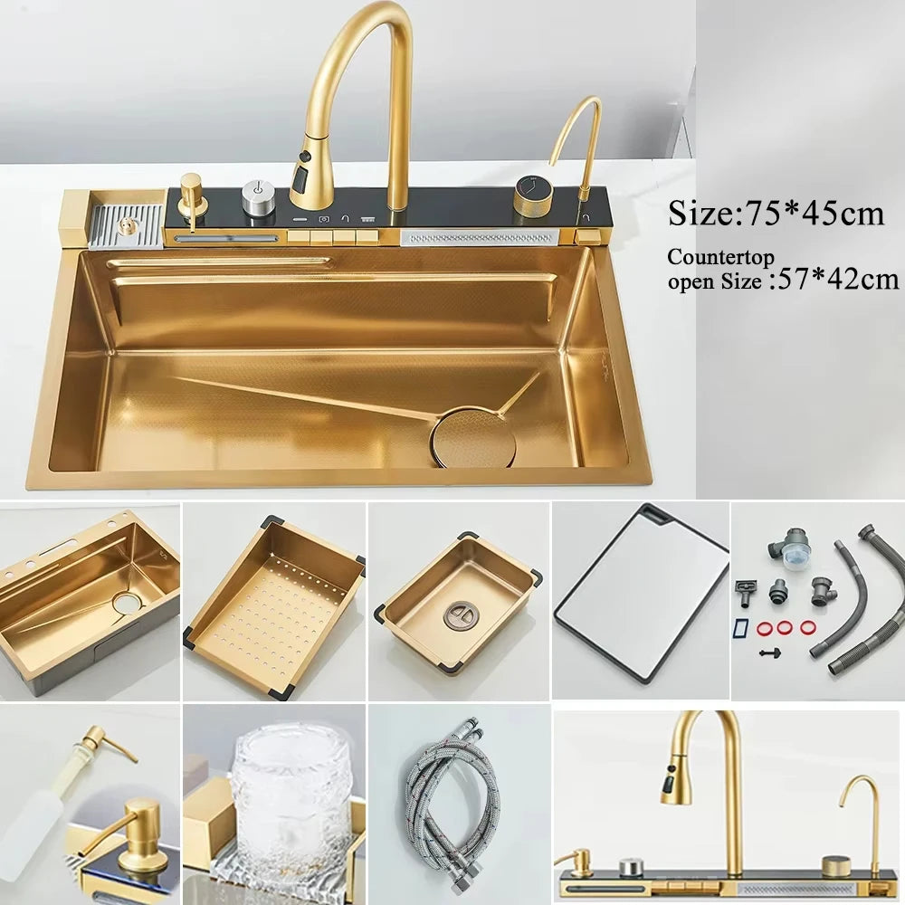 MYQualife Stainless Steel Waterfall Kitchen Sink With Digital Display Faucet