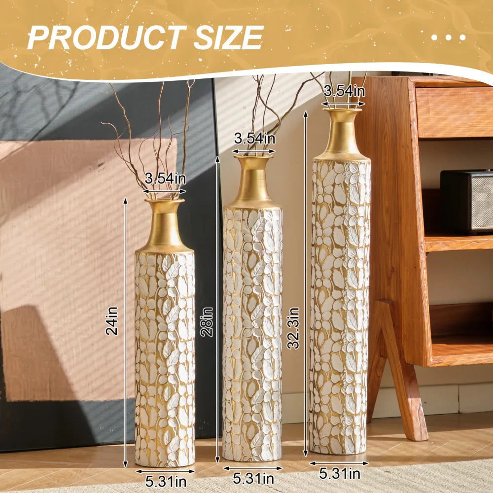 Modern Gold Leaf Pattern Metal Floor Vases Set of 3 Tall Decorative Vases 24/28/32.3 Inch Home Living Room Decor