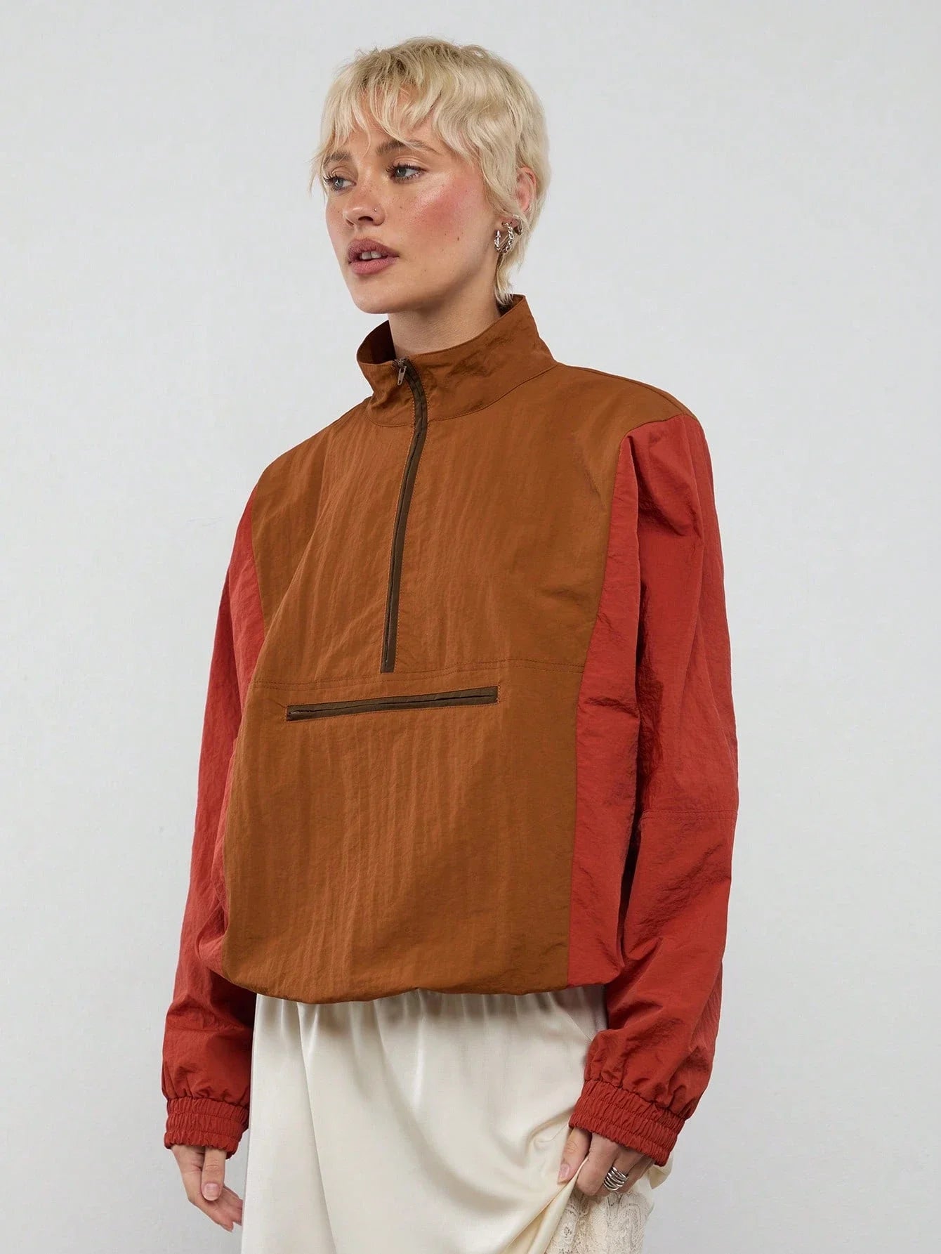 Colorblock Nylon Half-Zip Jacket For Women Streetwear Casual Sporty Outfit