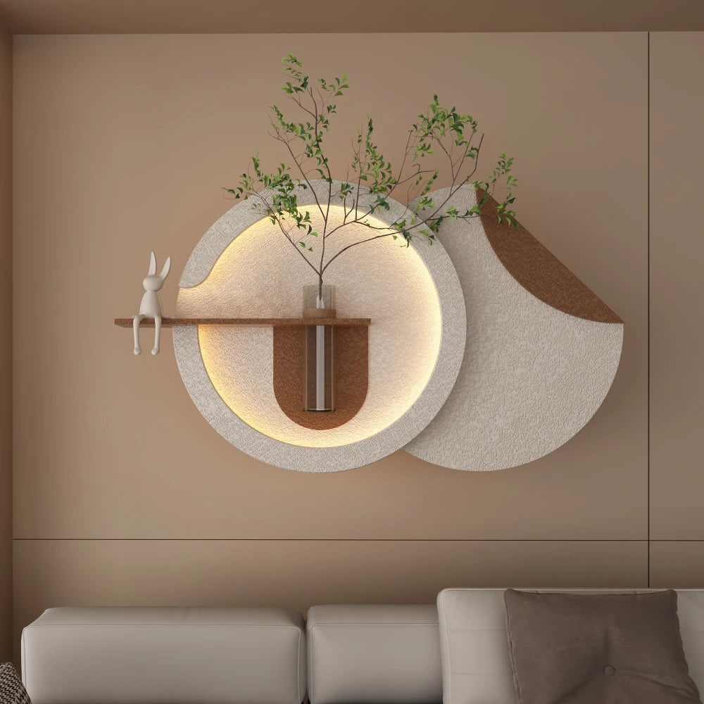 3D Art Sandstone Wall Decor with 3-Color Dimmable LED Light Artificial Green Plants Glass Vase Rabbit Statue Living Room Hallway
