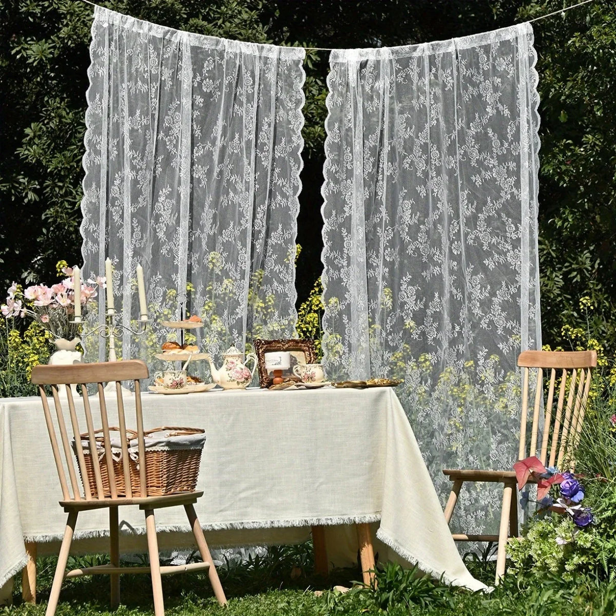 Elegant Wave Lace Trim Curtains For Living Room Set