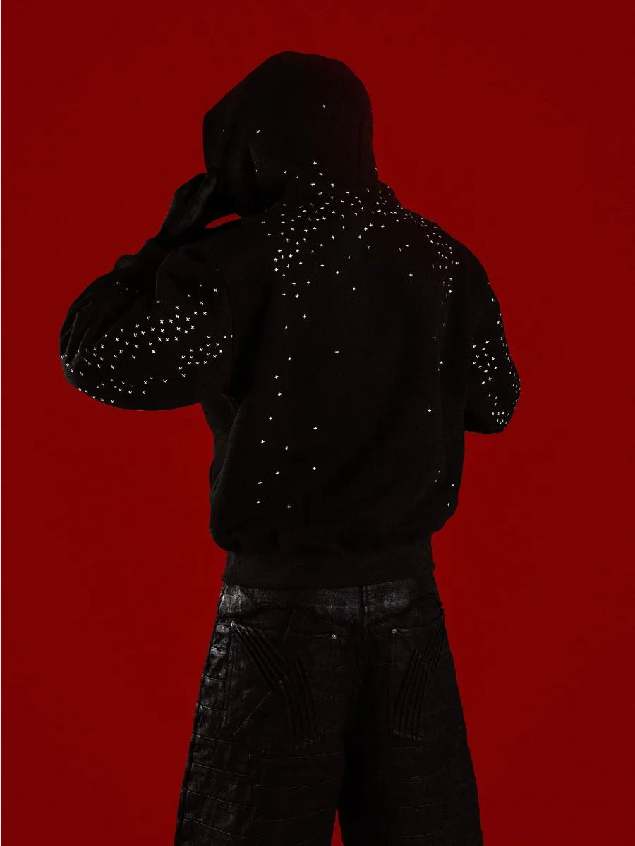 Men's American Retro Street Hip-Hop Loose Jacket Autumn Starry Hot Diamond Hooded Zipper Sweatshirt