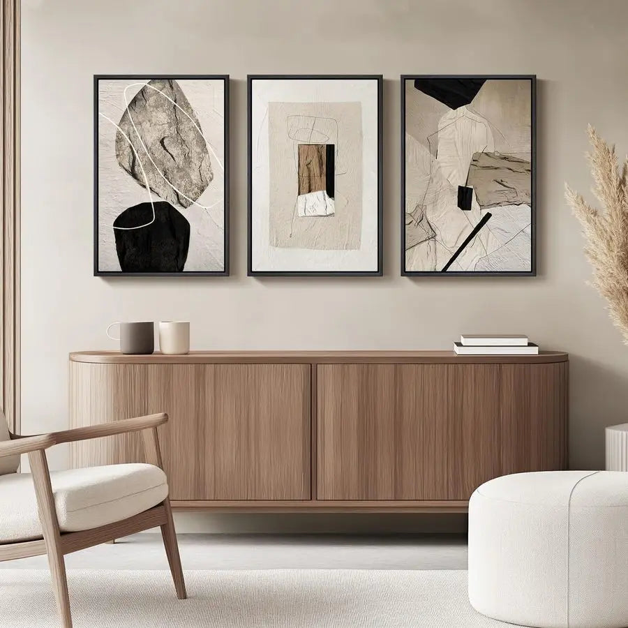 Neutral Abstract Wall Art, Set of 3 Modern Canvas Prints Paintings Artwork for Walls, Minimalist Black and Beige Pictures for Li