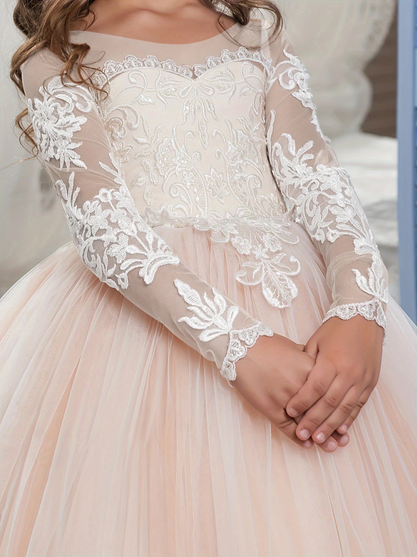 Lace Embroidery Sheer Long Sleeves Kids Trailing Gowns