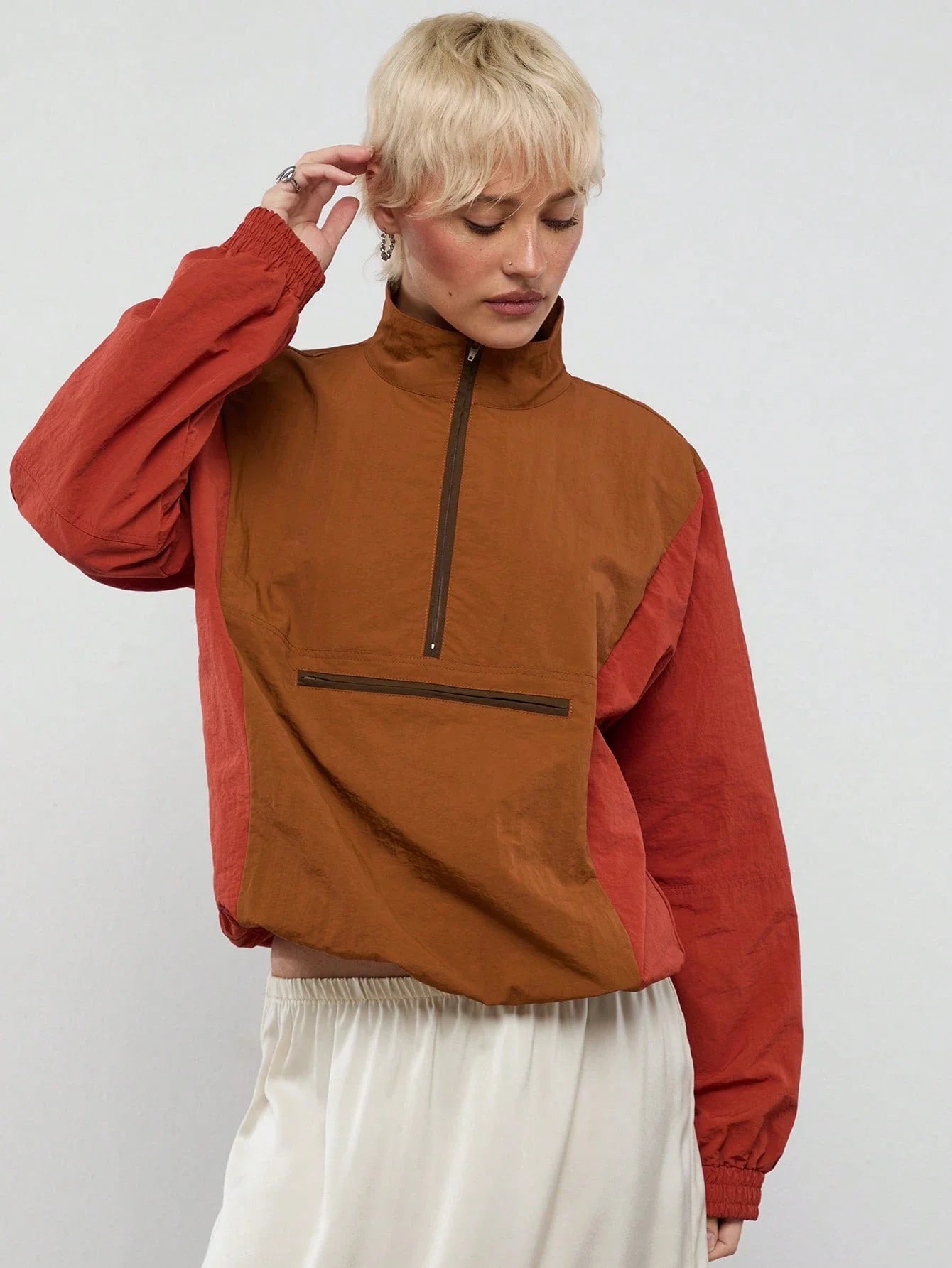 Colorblock Nylon Half-Zip Jacket For Women Streetwear Casual Sporty Outfit