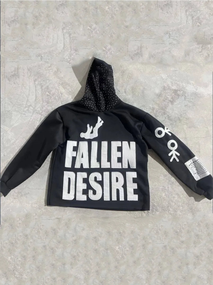 Men's Applique Embroidered Letter Hooded Sweatshirt Fallen Desire High Street Daily Hoodie