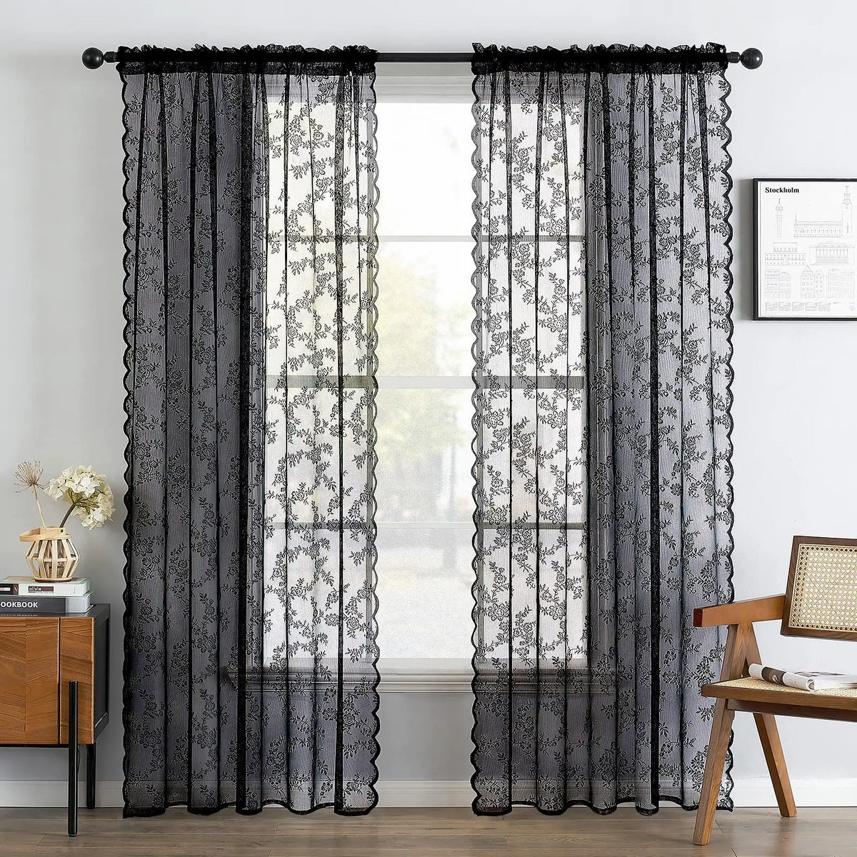 Elegant Wave Lace Trim Curtains For Living Room Set