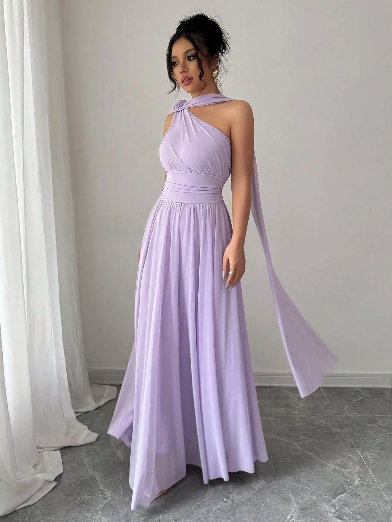One Shoulder Maxi Dress With Draped Neck And Pleated Skirt