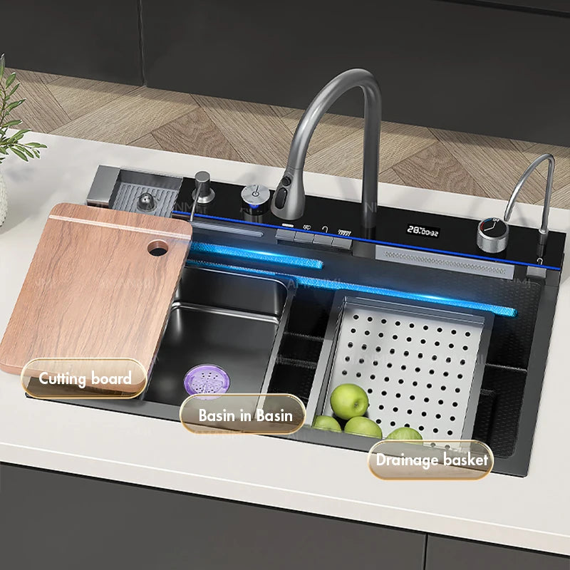MYQualife Stainless Steel Waterfall Kitchen Sink With Digital Display Faucet