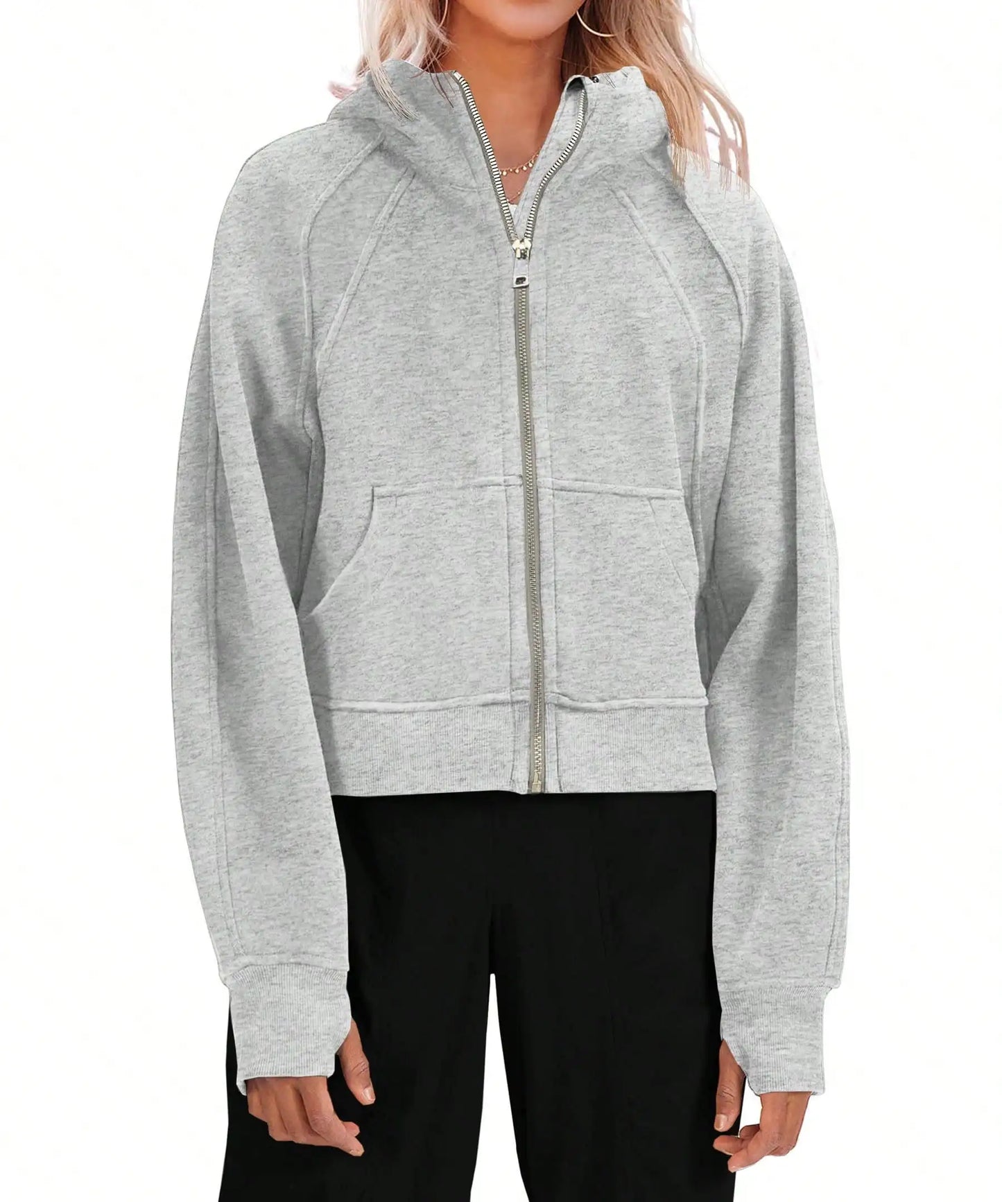 Women's Y2K Zip Up Crop Hoodie Fleece Lined Oversized Sweatshirt With Thumb Holes Streetwear Winter Aesthetic
